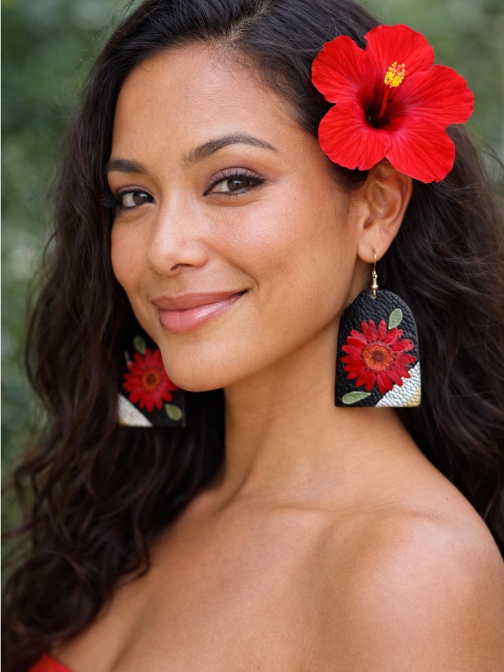 Hand Crafted Red Floral Arch Black Leather Earrings - Women Jewelry - NWOT